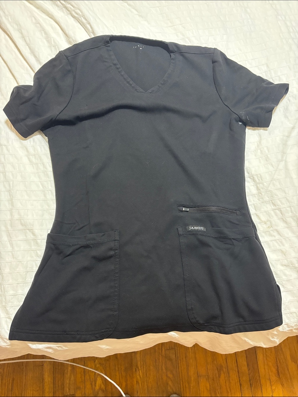 Jaanuu Black V-Neck Short Sleeve Scrub Top with Multiple Pockets